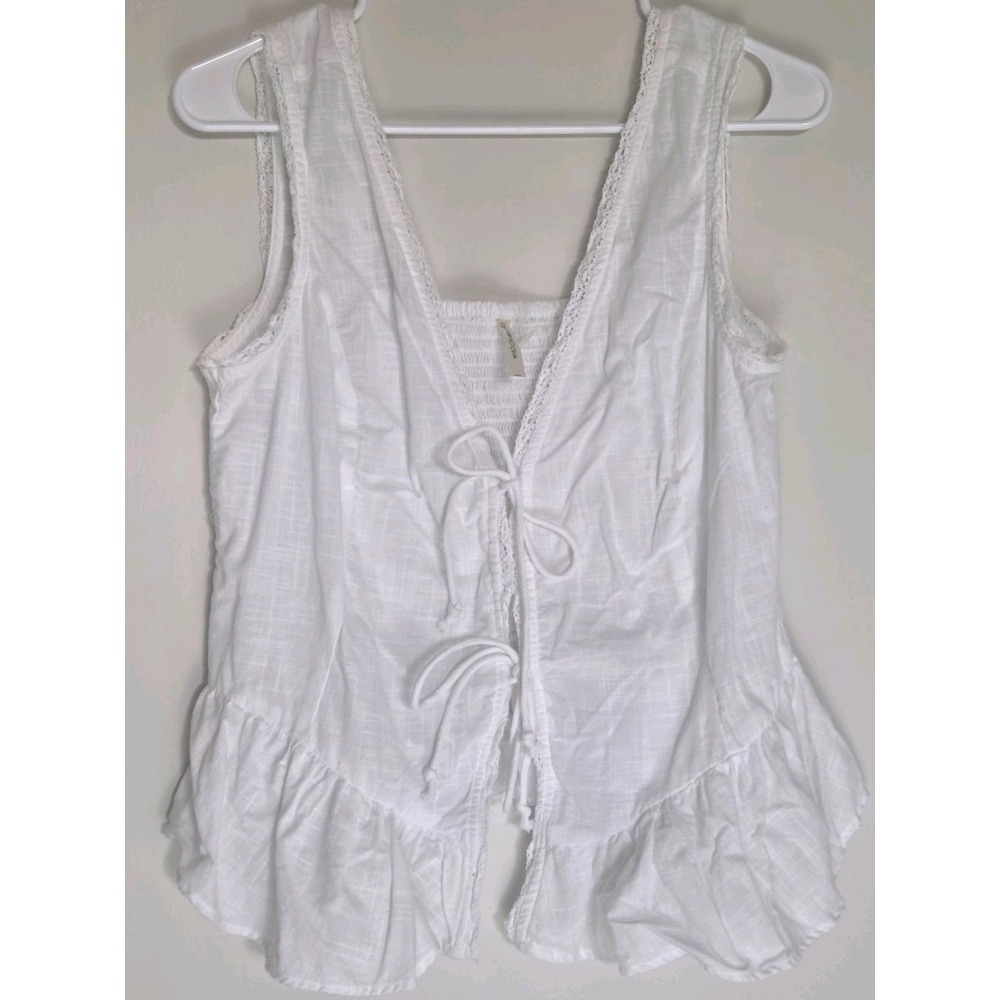 White Cotton Coquette Tie Front Sleeveless Top